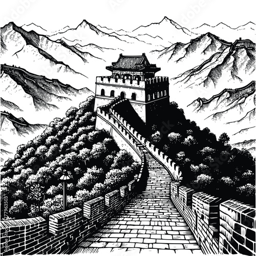 hand drawn black and white great wall of china illustration in vintage style