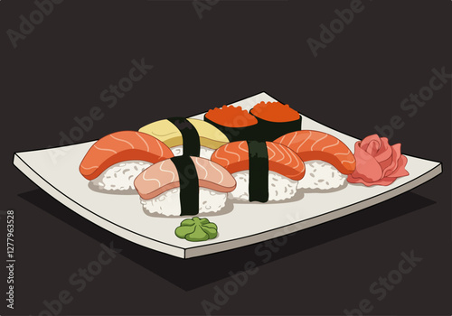 A delicious sushi platter displayed on a black background, emphasizing the vibrant colors and textures of the sushi.