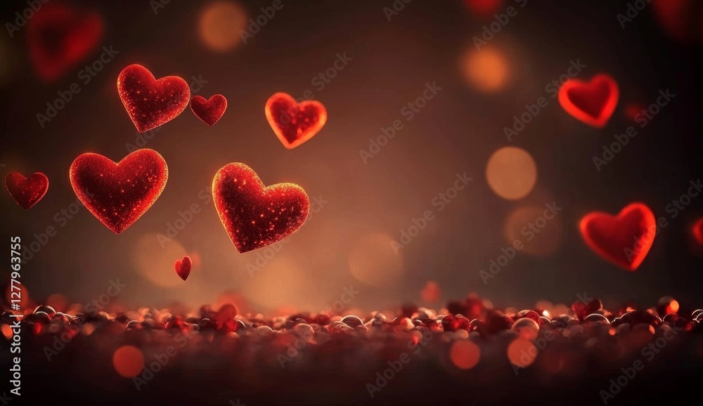 Romantic red hearts floating, bokeh background, Valentine's greeting Romantic red hearts floating, bokeh background, Valentine's greeting