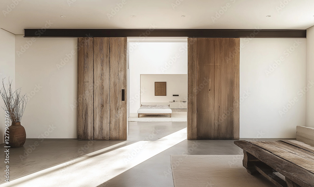 Fototapeta premium Minimalist Entrance with Sliding Barn-Style Wooden Door for a Clean, Contemporary Look