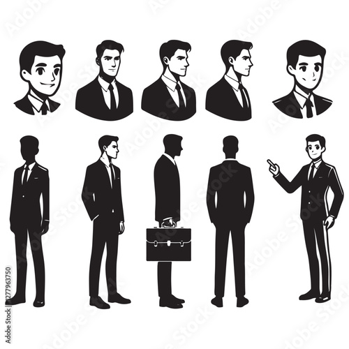 Business man character constructor for animation vector illustration. Front, side, and back view set. Body parts, postures, poses collection. 