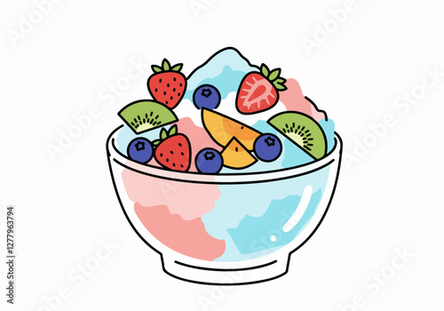A colorful bowl filled with ice cream topped with various fruits and sprinkles, representing a fun and indulgent dessert.