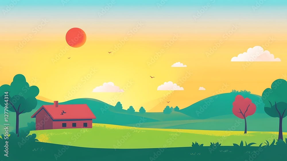 Fototapeta premium Red house on green hills at sunset