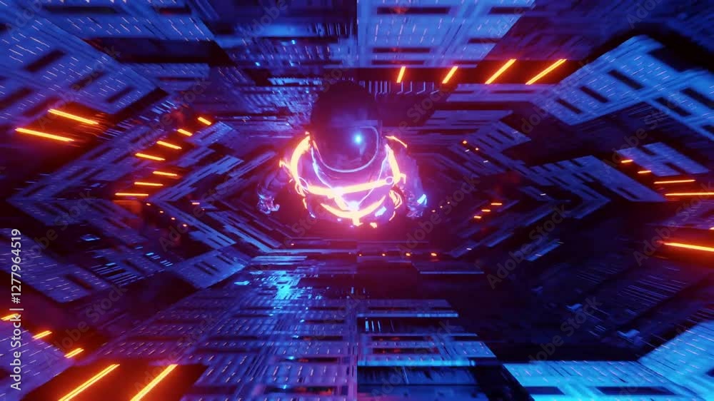 Neon glowing astronaut digital art futuristic scifi space tunnel vibrant colors technology abstract background cosmic journey interstellar exploration vibrant light patterns