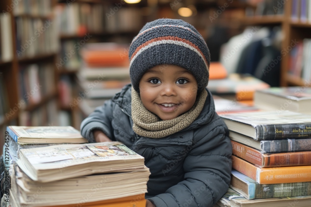Smiling child surrounded by books in a cozy library setting during winter months Smiling child surrounded by books in a cozy library setting during winter months