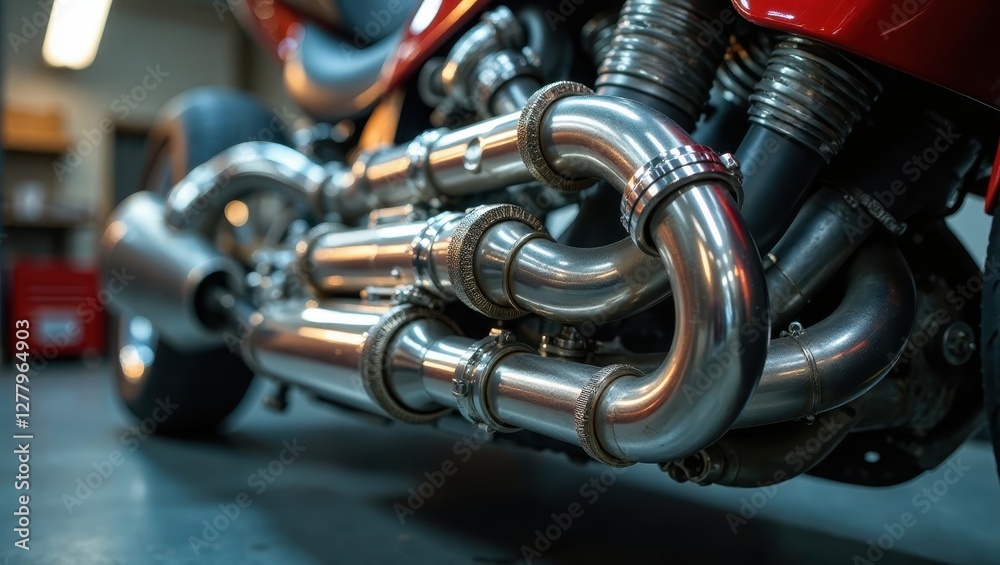 Fototapeta premium Close-up view of a powerful motorcycle engine's intricate exhaust system, showcasing gleaming polished metal pipes and complex engineering