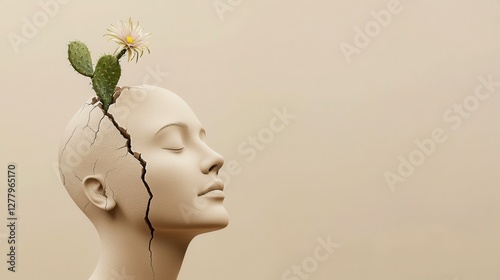 Surreal human head with a cactus growing from cracked clay, representing resilience and mental strength in hardships..