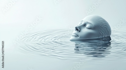 Human head half-submerged in calm water with gentle ripples, symbolizing emotional flow, introspection, and mental health