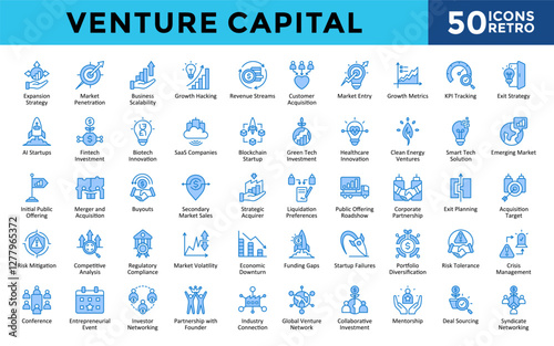 Venture Capital icons set with expansion strategy, market penetration, business scalability, growth hacking, revenue streams, customer acquisition, market entry icon. Simple retro vector 
