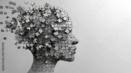 Human head made of puzzle pieces, symbolizing mental health, problem-solving, and emotional balance on a light grey background..