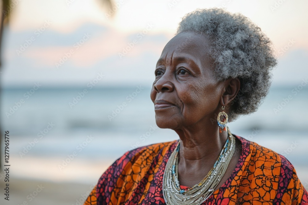 Elderly woman in colorful attire enjoying a serene beach sunset with gentle waves in the background Elderly woman in colorful attire enjoying a serene beach sunset with gentle waves in the background