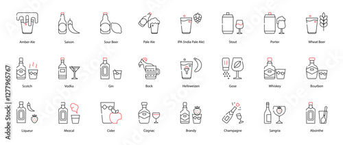 Vector Icons Set - Amber Ale, Saison, Sour Beer, Pale Ale, IPA (India Pale Ale), Stout, Porter, Wheat Beer, Scotch, Vodka, Gin, Bock, Hefeweizen, Gose, Whiskey, Bourbon, Liqueur, Mezcal, Cider, Cognac