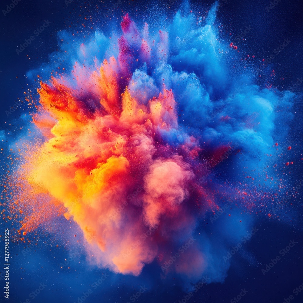 Vibrant explosion of colorful powder creating a dynamic and captivating abstract art against a dark blue backdrop Vibrant explosion of colorful powder creating a dynamic and captivating abstract art against a dark blue backdrop