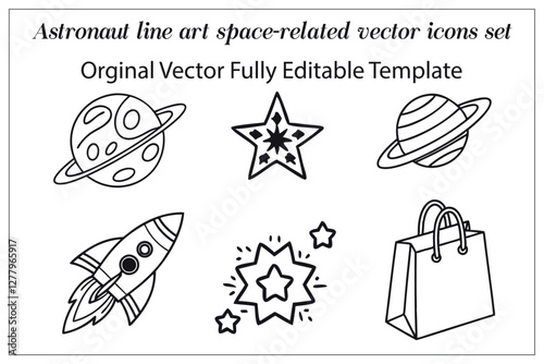 Astronaut line art space-related vector icons set.