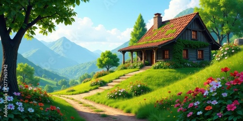 Idyllic mountain cabin nestled amongst vibrant wildflowers and verdant hillsides, bathed in sunlight along a winding path