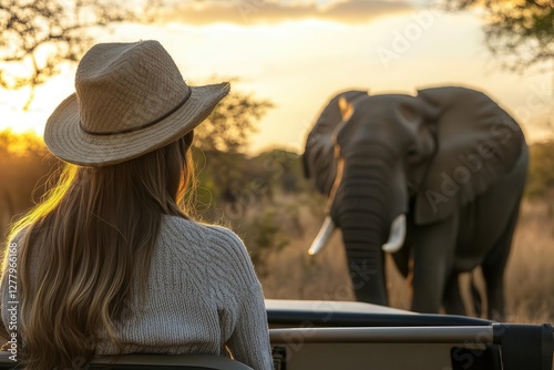 female tourist in safari attire standing in opentop vehicle majestic elephant in goldenhour savanna landscape acacia trees silhouetted against warm sky photo