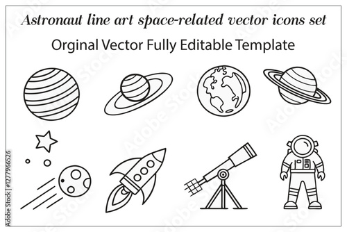 Astronaut line art space-related vector icons set.