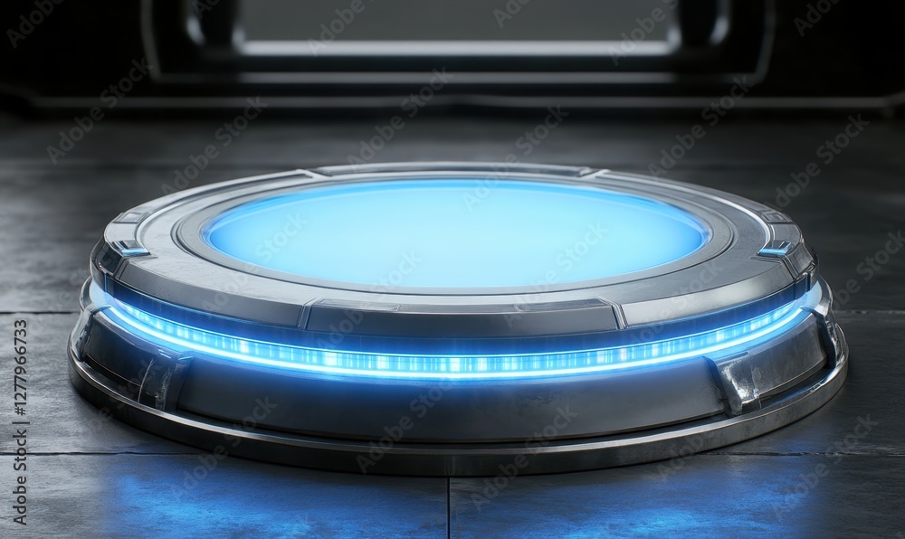 Fototapeta premium Futuristic circular platform with glowing blue light in a sci-fi environment, showcasing technology