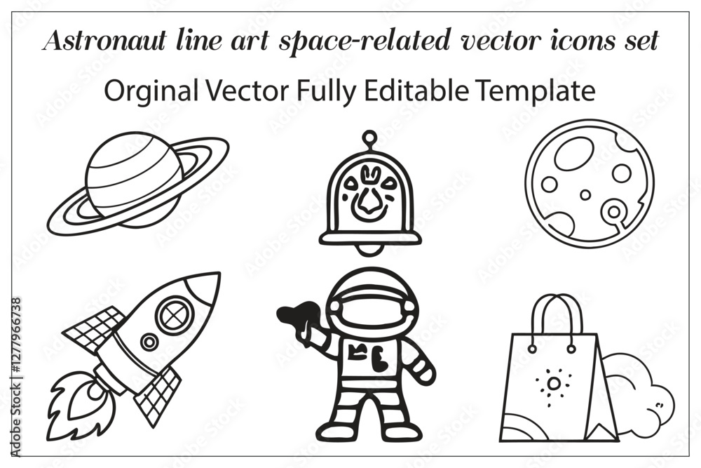 Fototapeta premium Astronaut line art space-related vector icons set.
