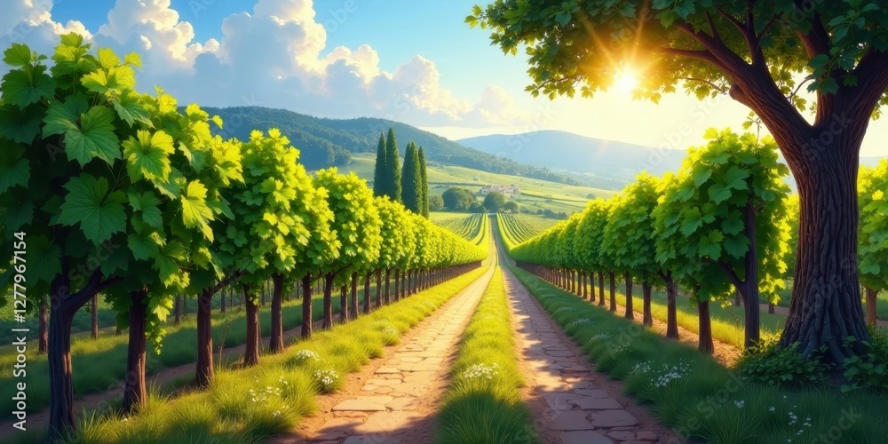 Naklejka premium Serene Vineyard Pathway at Sunset Lush Greenery, Stone Road, and Golden Hour Light
