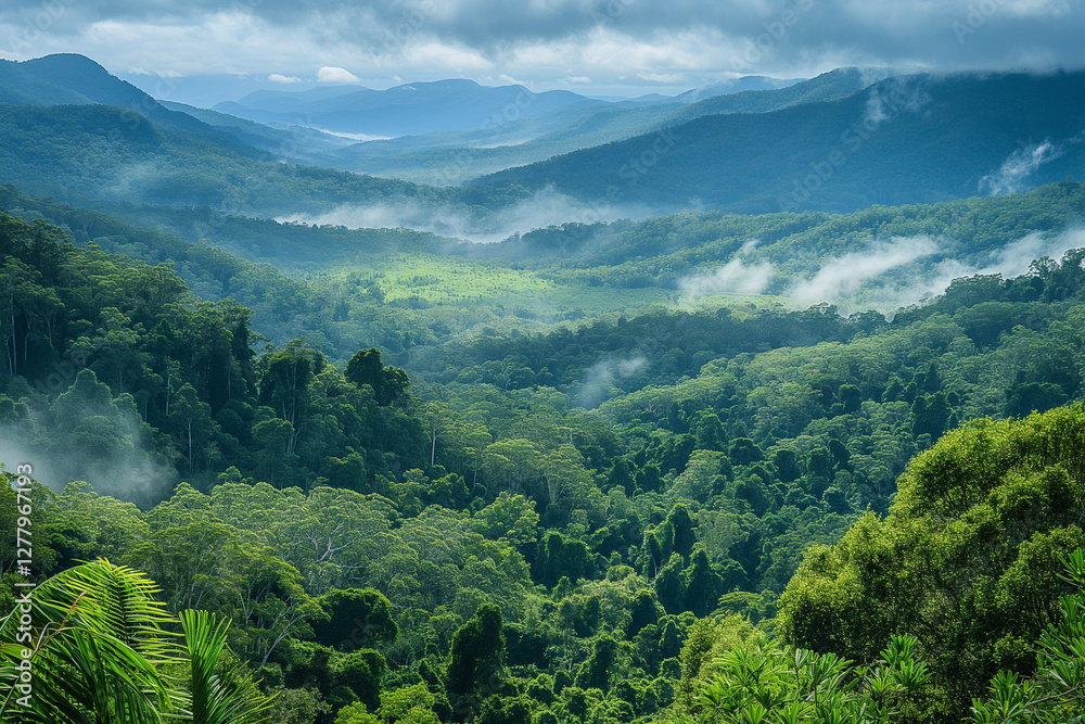 Fototapeta premium Scenic mountain landscape with trees, clouds, and green hills