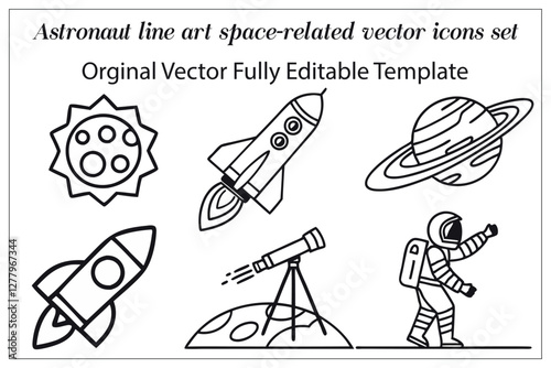 Astronaut line art space-related vector icons set.