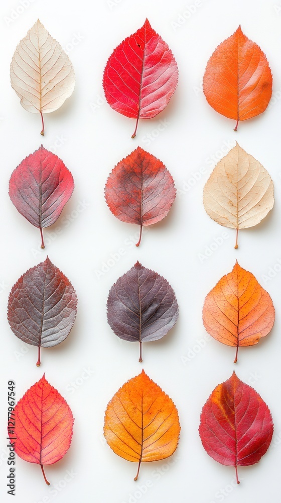 Fototapeta premium Autumnal Array of Colorful Leaves in a Grid Pattern on White Background Showcasing Seasonal Change and Natural Beauty with Warm Tones and Organic Texture