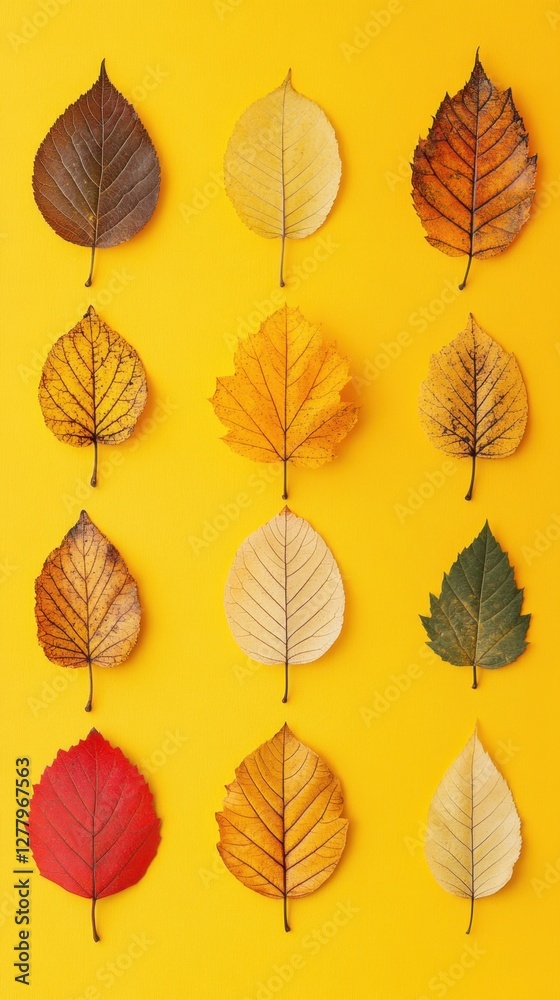 Autumnal Array of Colorful Leaves on Yellow Background Capturing Seasonal Transition and Natural Beauty in Flat Lay Style for Stock Photography Autumnal Array of Colorful Leaves on Yellow Background Capturing Seasonal Transition and Natural Beauty in Flat Lay Style for Stock Photography