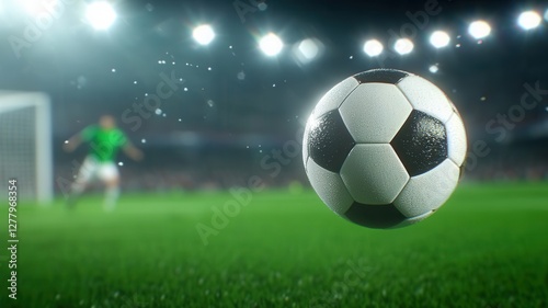 Soccer ball football floating in front of goal net sport with feel dramatic bokeh effect during a night match with green backgroung