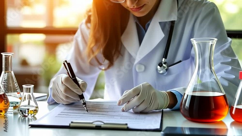 Scientist notes results at lab bench, sunlight beams through window. Use for healthcare promotion