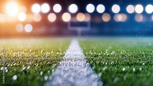 Stadium lights casting bright illumination over vivid green Football soccer field touchline during intense nighttime match photo
