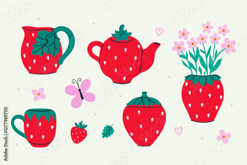 Set of strawberry dishes isolated on white background. Vector image