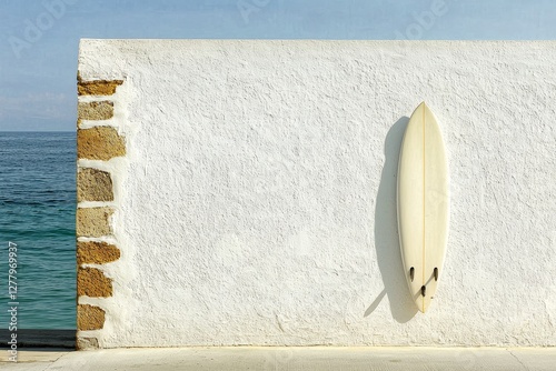 Surfboard leaned against white wall by ocean on sunny day