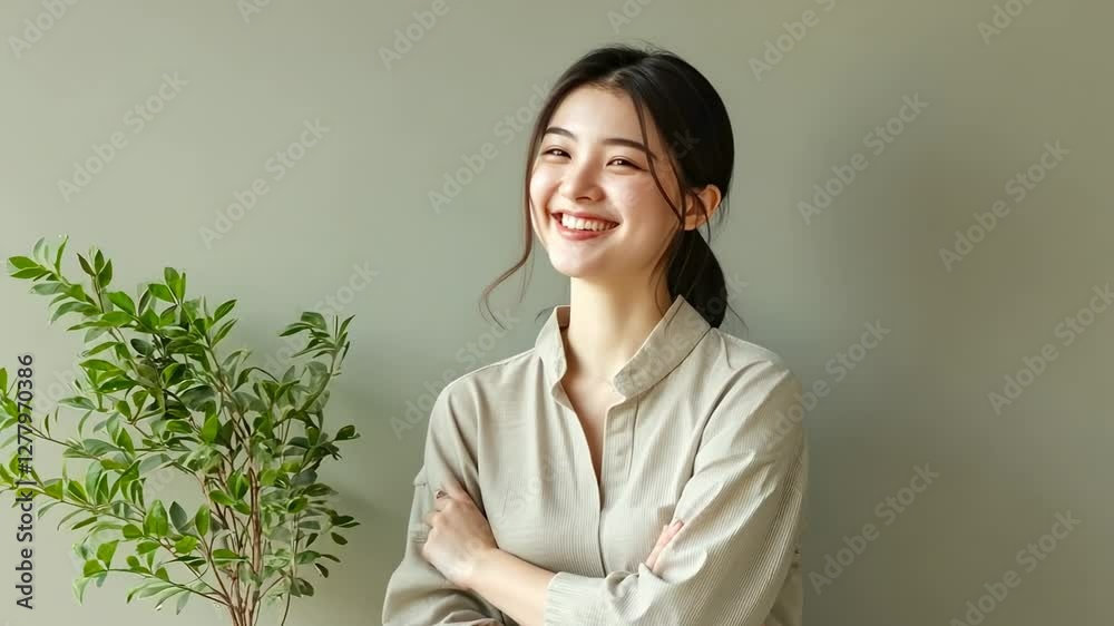 Smiling woman stands indoors by plant; wall in background. For articles, ads, wellness content Smiling woman stands indoors by plant; wall in background. For articles, ads, wellness content