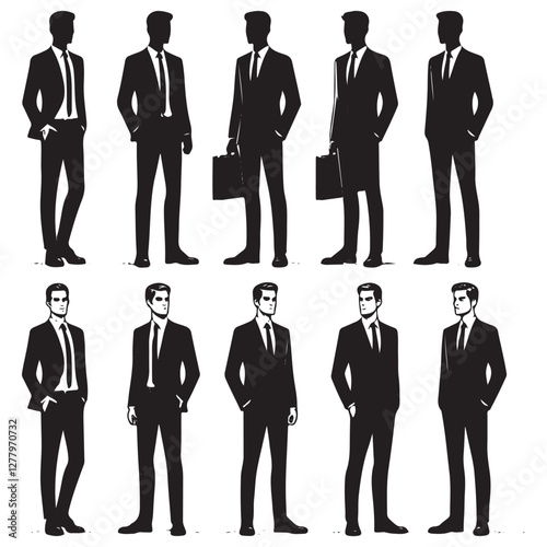 Business man character constructor for animation vector illustration. Front, side, and back view set. Body parts, postures, poses collection. 