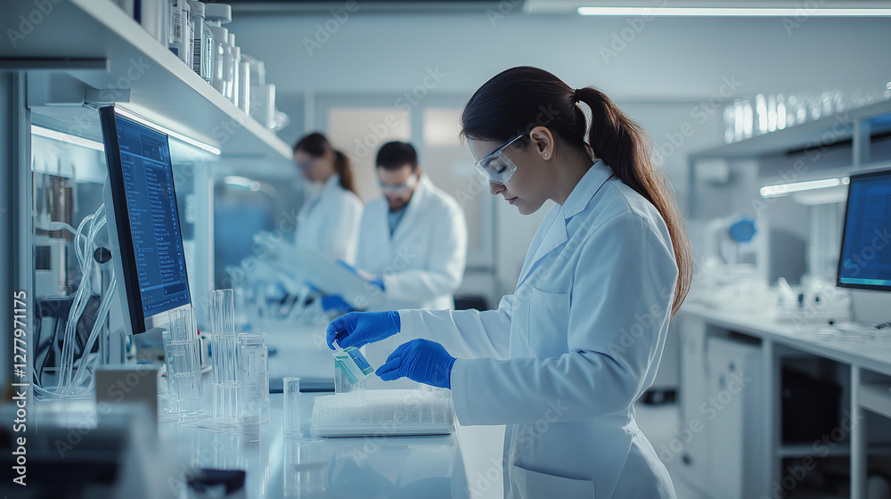 Naklejka premium A team of medical professionals, including a smiling young woman, works diligently in a hospital laboratory