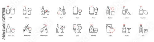 Vector Icons Set - Lager, Pilsner, Tequila, Rum, Stout, Porter, Mezcal, Saison, Sour Beer, Brown Ale, Barleywine, Champagne, Sangria, Gose, Whiskey, Cider, Vodka, Gin