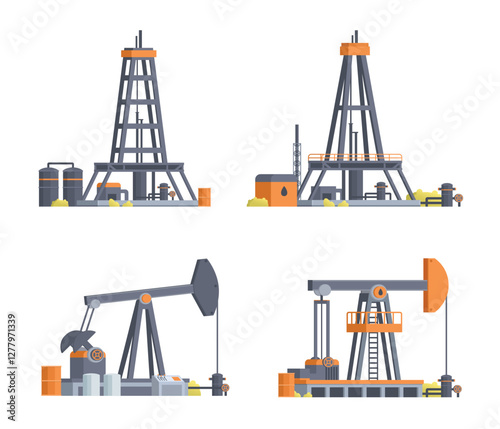 Vector Illustration of Oil extraction platform or Oil Drilling Rig Collection. Fully editable vector elements	