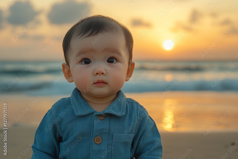 Child standing on the beach at sunset with waves gently rolling behind Child standing on the beach at sunset with waves gently rolling behind