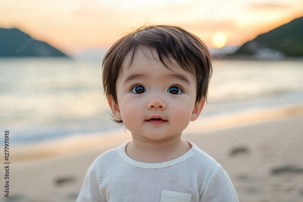 Young child with big eyes enjoying a sunset at the beach during golden hour Young child with big eyes enjoying a sunset at the beach during golden hour