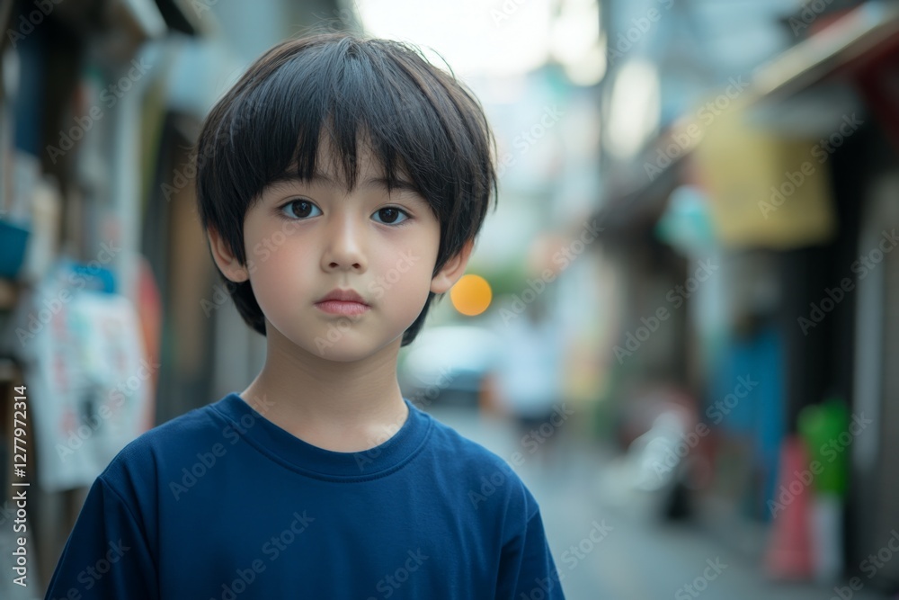Young child stands in a narrow alleyway during twilight, looking directly at the camera with a calm expression Young child stands in a narrow alleyway during twilight, looking directly at the camera with a calm expression