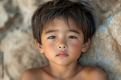 Young boy gazing intently while leaning against a rocky surface in bright natural light