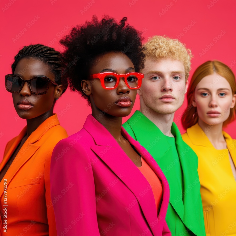 Diverse Models in Colorful Suits and Glasses Strike Confident Poses Against Solid Red Background Studio Shot Diverse Models in Colorful Suits and Glasses Strike Confident Poses Against Solid Red Background Studio Shot