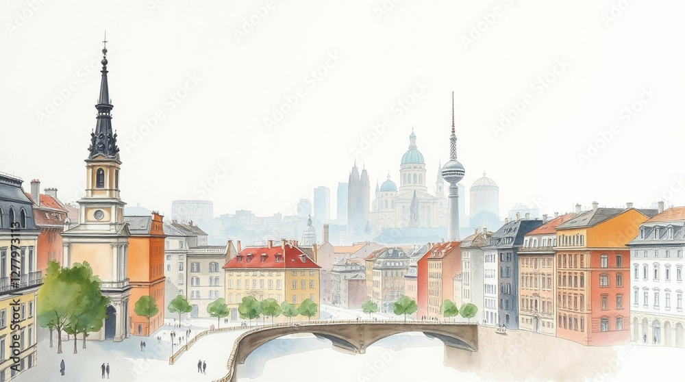 Naklejka premium Watercolor portrayal of the historic cityscape and architectural landmarks