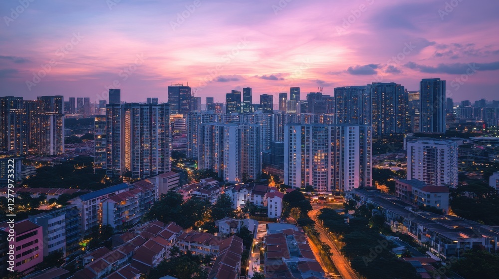 Fototapeta premium Housing costs reflected in a vibrant urban skyline at dusk. Featuring innovation and inclusivity