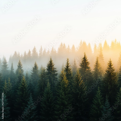 Evergreen Forest Canopy in Morning Haze Landscape Scenery Beauty Tranquility and Serene Atmosphere
