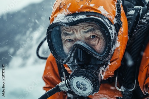 Senior explorer in survival gear braves harsh winter conditions in remote icy landscape while preparing for an expedition