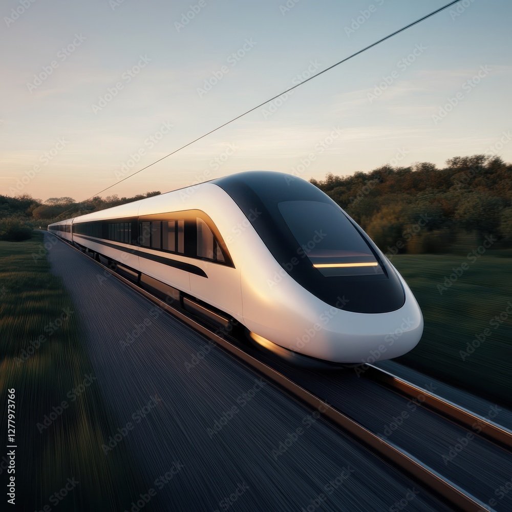 Fototapeta premium Futuristic Railway Travel Concept Express Train Advancing Rapidly Through Scenic Countryside Landscape