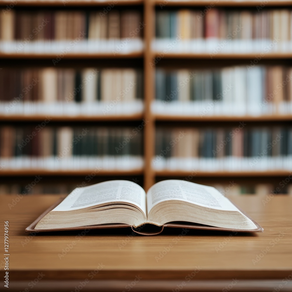 Open Book on Wooden Desk Amidst Library Shelves Filled with Assorted Books and Reading Material Open Book on Wooden Desk Amidst Library Shelves Filled with Assorted Books and Reading Material