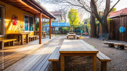 Outdoor Play Area with Wooden Tables and Benches in a Bright and Inviting Environment